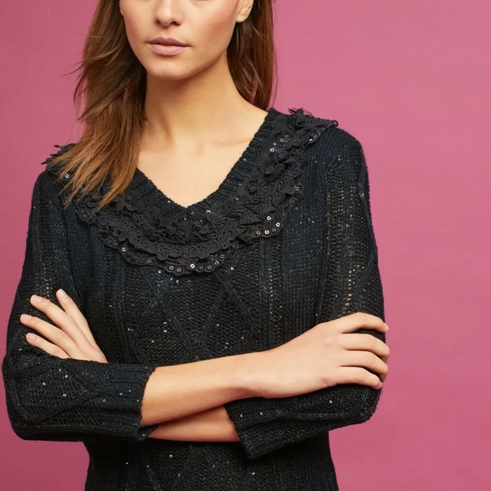 Anthropologie Harlyn Lace Trimmed Sequin Sweater
